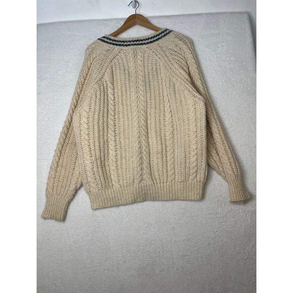AQUA Cream Blue Vneck Varisty Wool Blend Sweater Preppy Gossip Girl College sz L - Picture 7 of 7